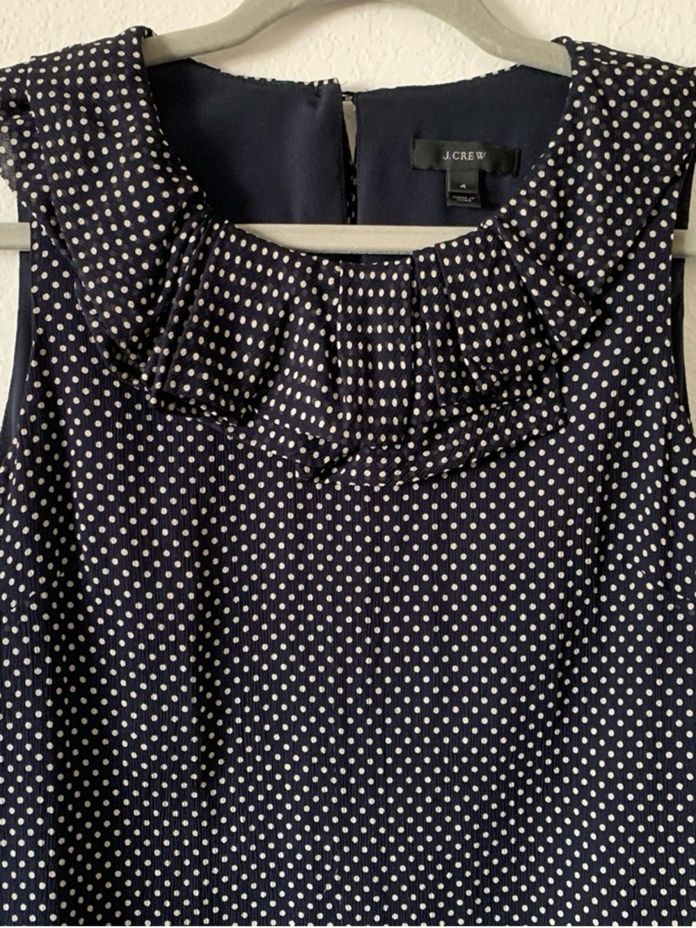 J.Crew Navy Polka Dot Ruffle Neck Sleeveless Top